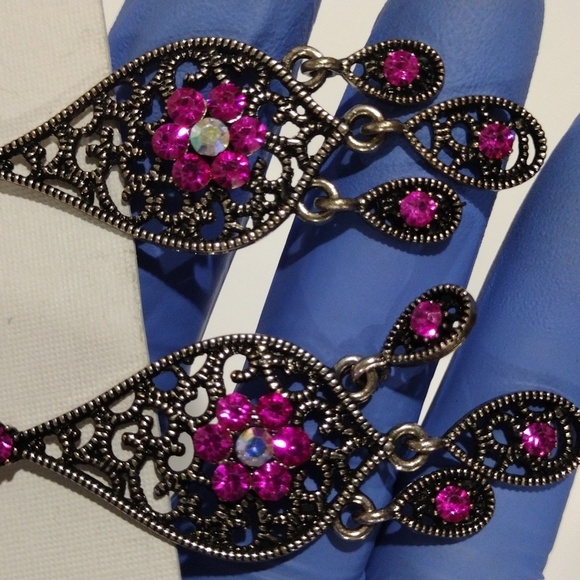 Boho Filigree Pink Crystal Fringe Drop Earrings – Women’s Statement Jewelry, 3" - Picture 9 of 10